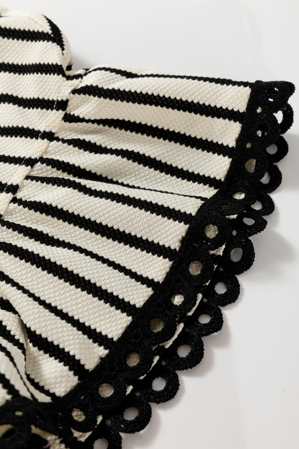 Black Stripe Eyelet Trimmed Ruffled Short Sleeve Plus Size Top