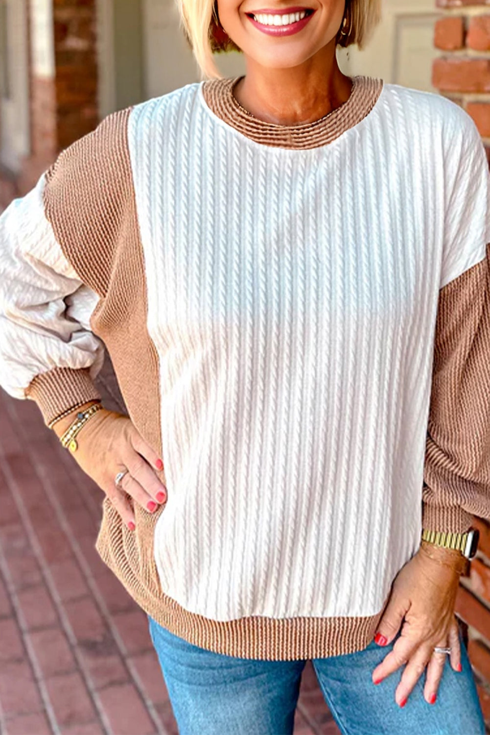 White Cable Texture Ribbed Color Block Plus Size Knit Top