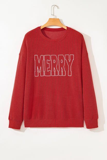 Fiery Red Twist Ribbed MERRY Letter Graphic Plus Size Pullover