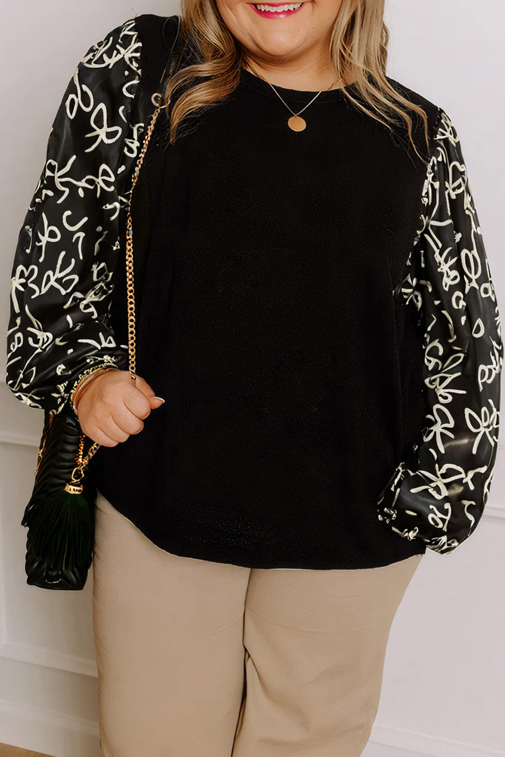 Black Bow Knot Patchwork Crewneck Plus Size Blouse