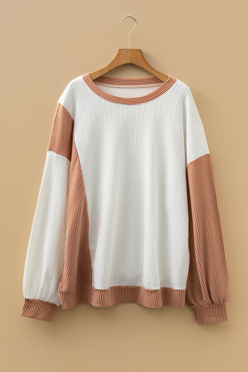 White Cable Texture Ribbed Color Block Plus Size Knit Top