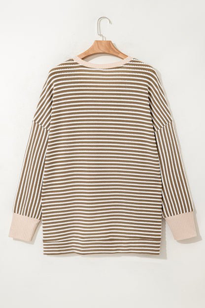 Khaki Stripe Textured Dolman Sleeve High Low Plus Size Top