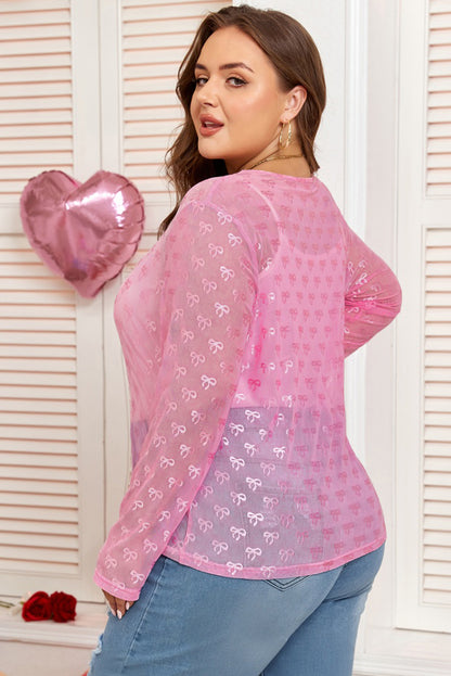 Pink Plus Size Bow Embroidered Mesh Long Sleeve Top
