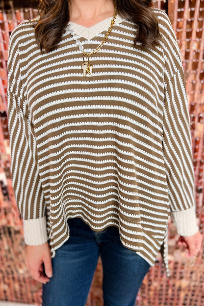 Khaki Stripe Textured Dolman Sleeve High Low Plus Size Top