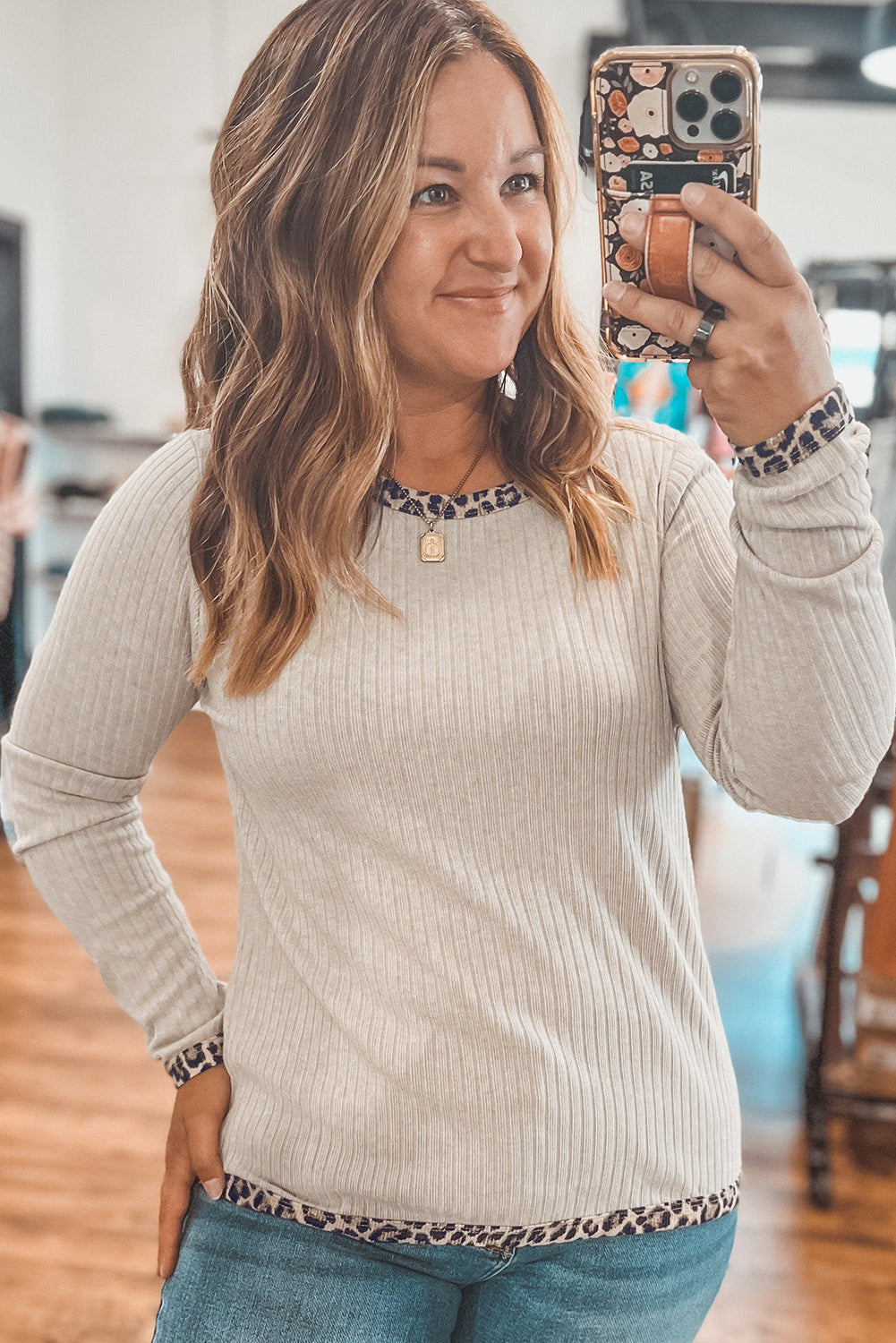 Parchment Ribbed Contrast Leopard Edge Round Neck Plus Knit Top