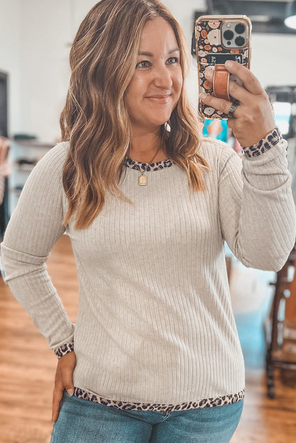 Parchment Ribbed Contrast Leopard Edge Round Neck Plus Knit Top