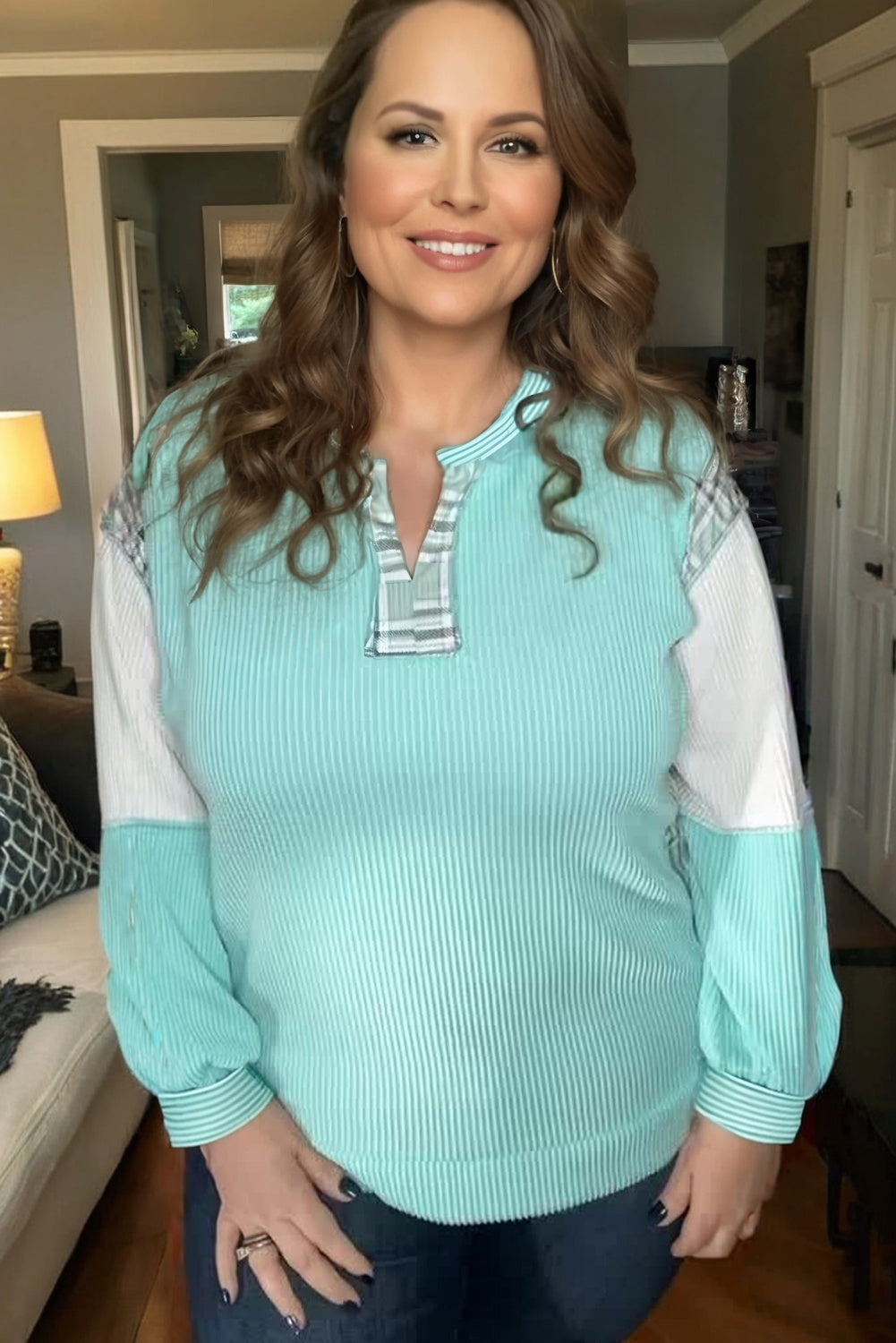 Aruba Blue Twist Ribbed Color Block Plaid Patchwork Plus Size Long Sleeve Top