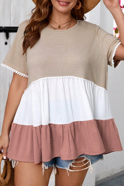 Beige Plus Size Color Block Lace Trim Ruffled Blouse