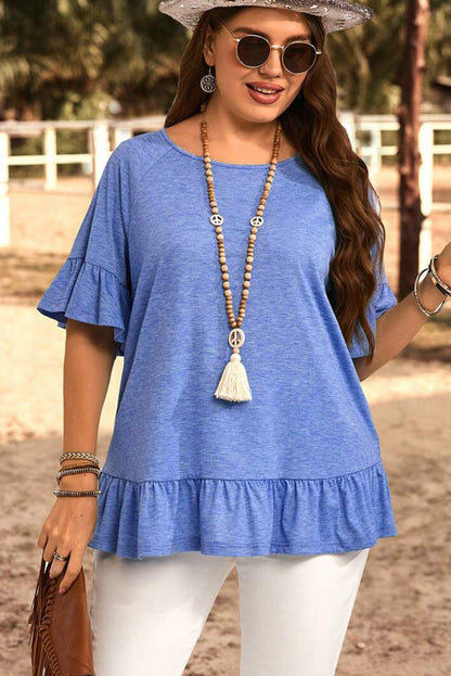 Dusk Blue Ruffled Short Sleeve Plus Size Casual Blouse
