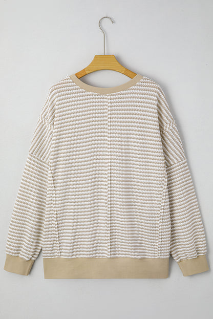 Brown Stripe Plus Size Breathable Knit Ribbed Trim Long Sleeve Top