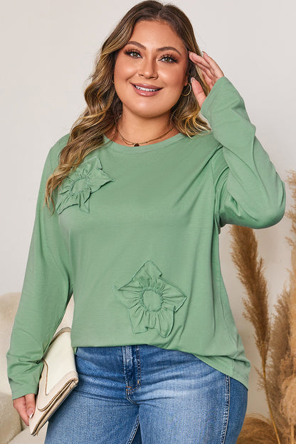 Grass Green Flower Applique Mineral Wash Plus Size Top