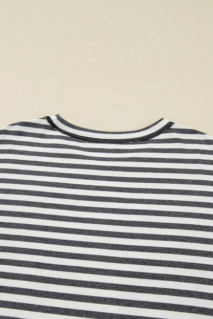 Gray Stripe Contrast Star Stitched Plus Size Long Sleeve Top