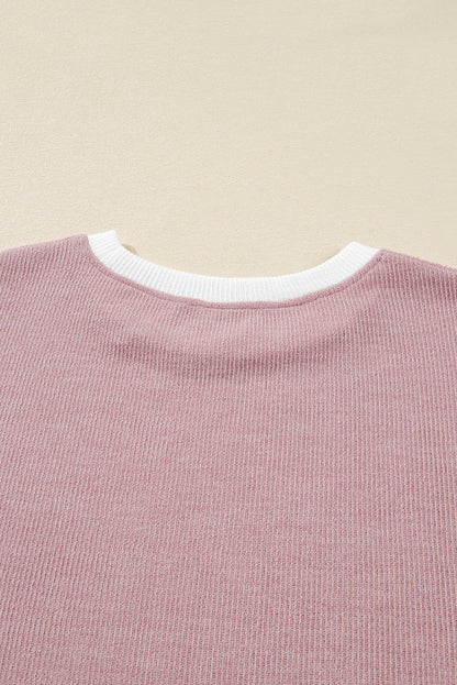 Light Pink Contrast Trim Knitted Drop Shoulder Plus Size Top