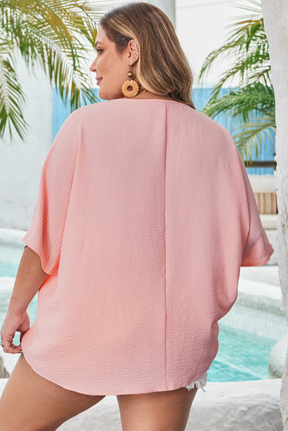 Four Leaf Clover Textured Half Sleeve V Neck Plus Size T Shirt with Chest Pocket