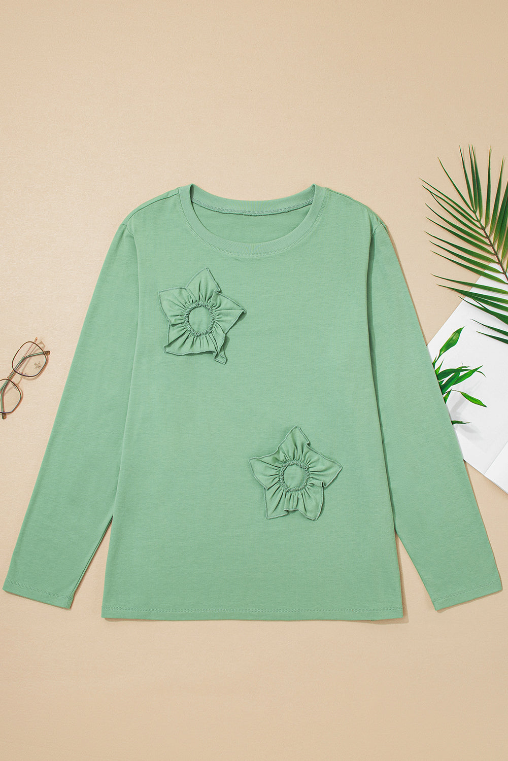 Grass Green Flower Applique Mineral Wash Plus Size Top