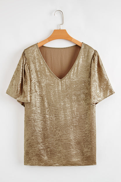 Gold Plus Size Metallic V Neck Short Sleeve Blouse