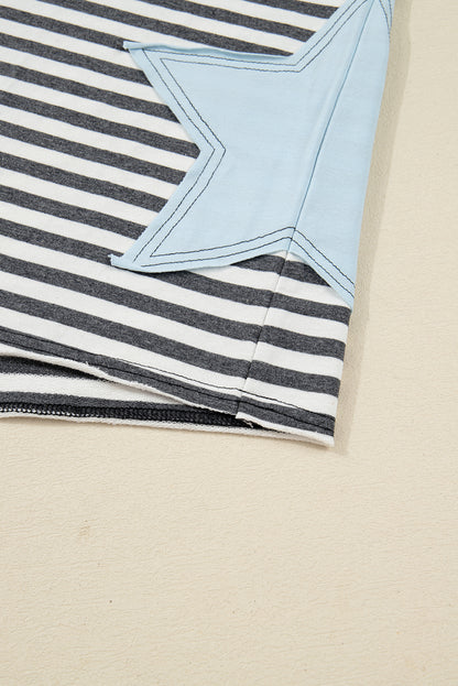 Gray Stripe Contrast Star Stitched Plus Size Long Sleeve Top