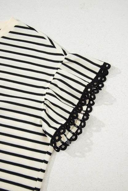 Black Stripe Eyelet Trimmed Ruffled Short Sleeve Plus Size Top
