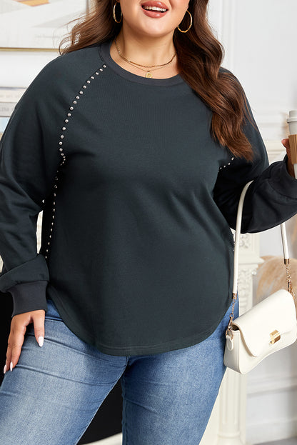 Black Studded Decor Ribbed Edge Mineral Wash Plus Size Jumper