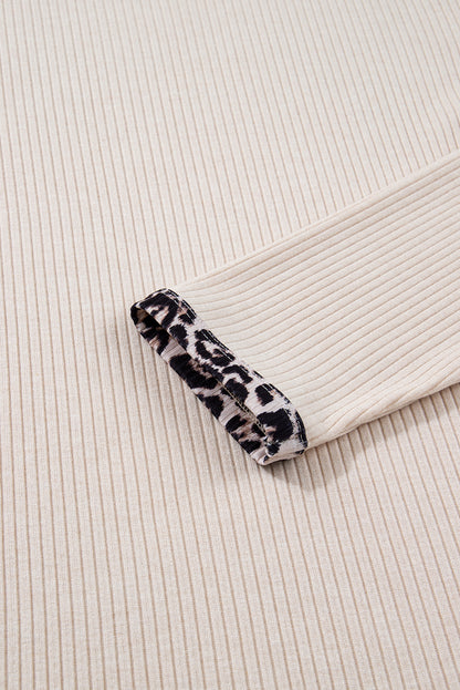 Parchment Ribbed Contrast Leopard Edge Round Neck Plus Knit Top
