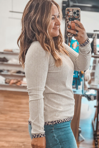 Parchment Ribbed Contrast Leopard Edge Round Neck Plus Knit Top