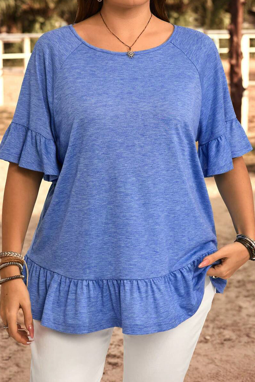 Dusk Blue Ruffled Short Sleeve Plus Size Casual Blouse