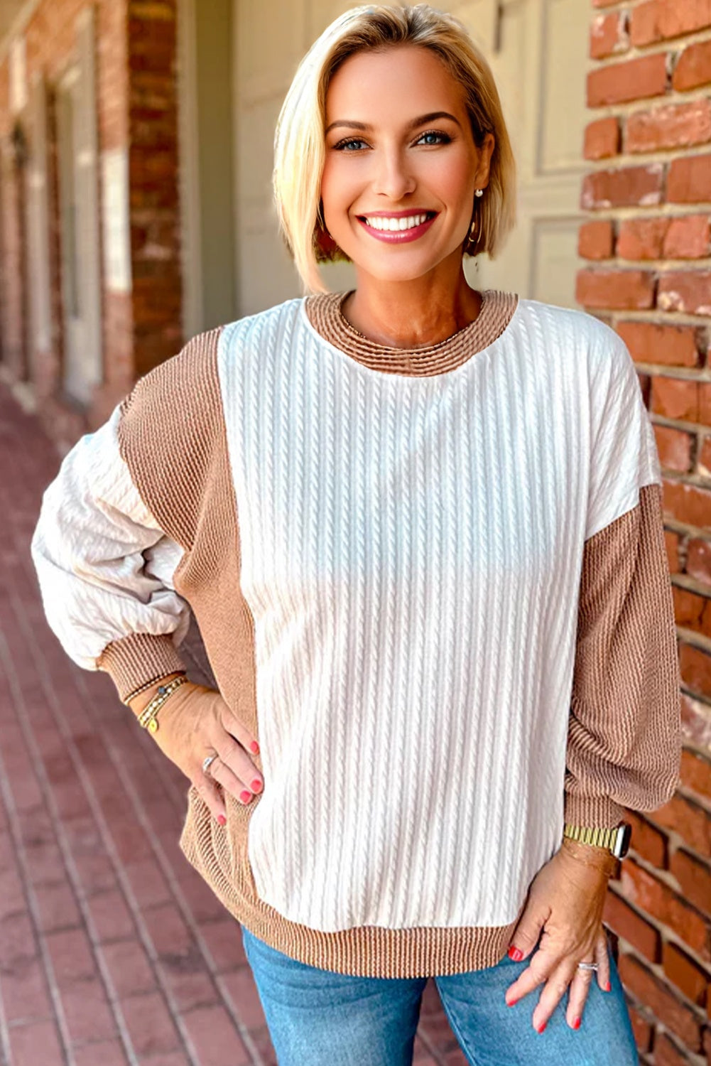 White Cable Texture Ribbed Color Block Plus Size Knit Top