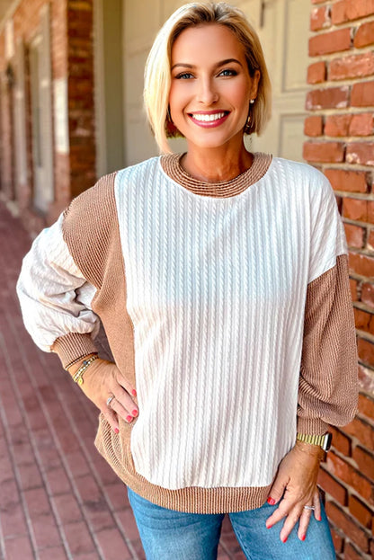 White Cable Texture Ribbed Color Block Plus Size Knit Top