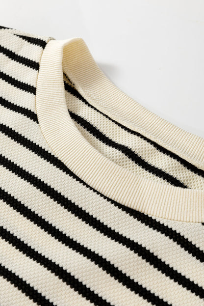 Black Stripe Eyelet Trimmed Ruffled Short Sleeve Plus Size Top