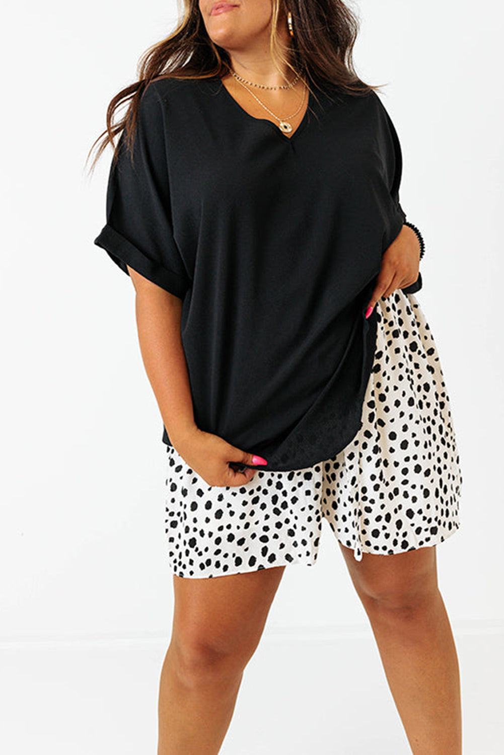 Bright Pink Seamed Back High Low Hem V Neck Cuffed Sleeve Plus Size Tee