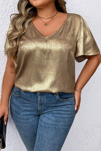 Gold Plus Size Metallic V Neck Short Sleeve Blouse