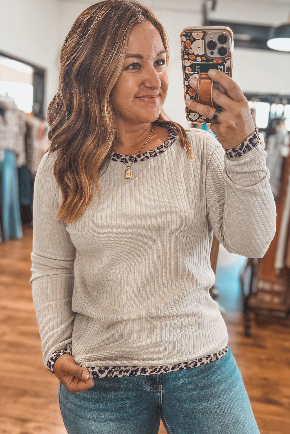 Parchment Ribbed Contrast Leopard Edge Round Neck Plus Knit Top