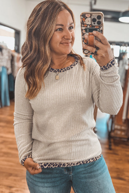 Parchment Ribbed Contrast Leopard Edge Round Neck Plus Knit Top