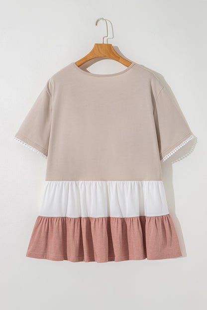 Beige Plus Size Color Block Lace Trim Ruffled Blouse