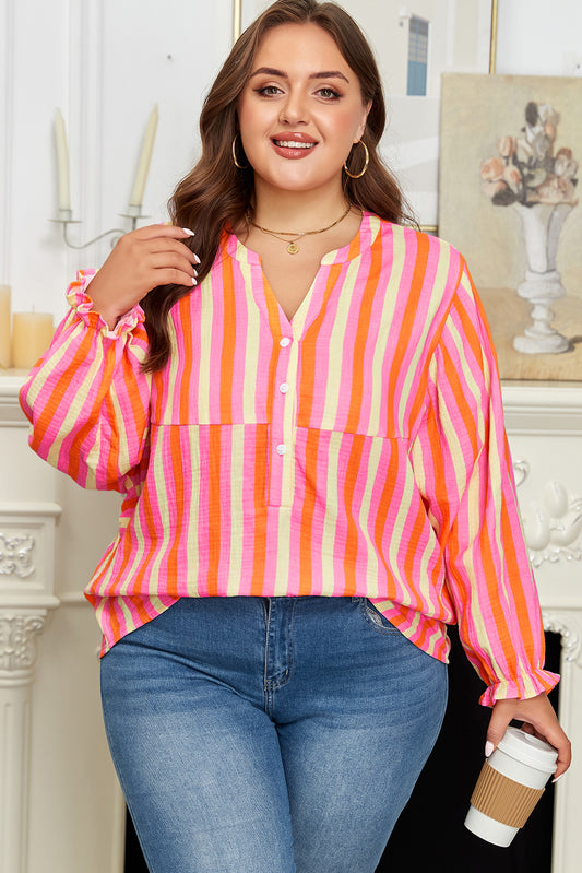 Pink Stripe Crinkled Half Buttons V Neck Plus Size Blouse
