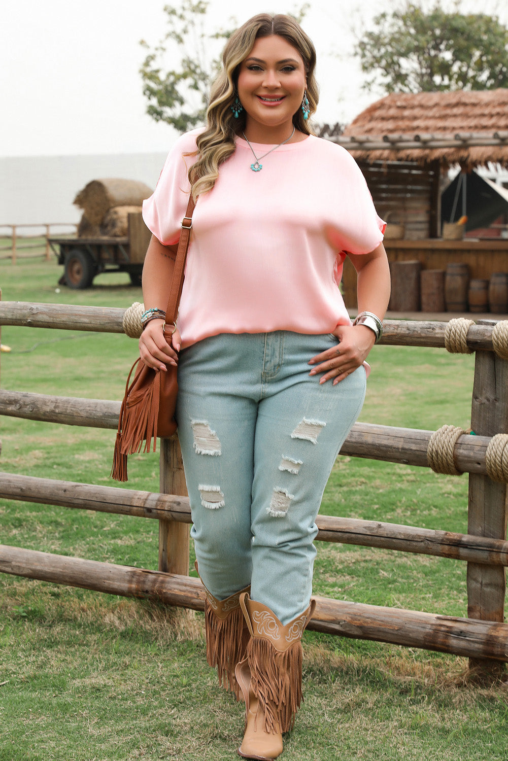 Pink Metallic Gloss Short Batwing Sleeve Plus Size Top