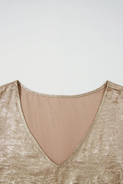 Gold Plus Size Metallic V Neck Short Sleeve Blouse