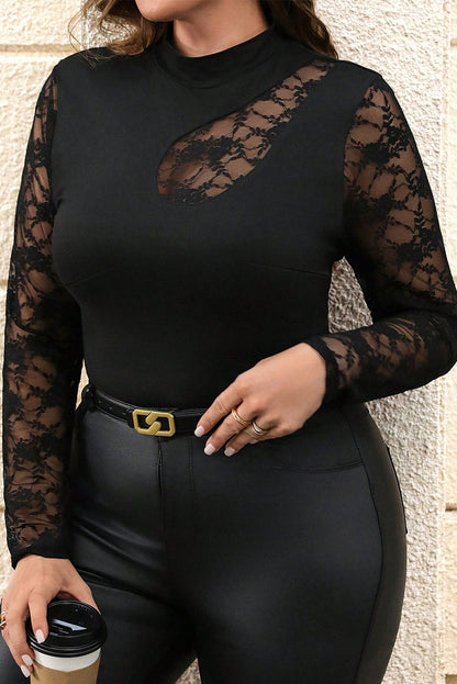 Black Plus Size Lace Patchwork Asymmetric Cutout Sheer Long Sleeve Top