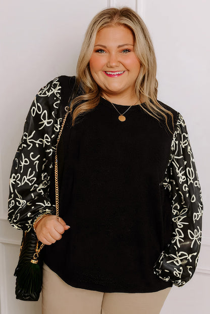 Black Bow Knot Patchwork Crewneck Plus Size Blouse