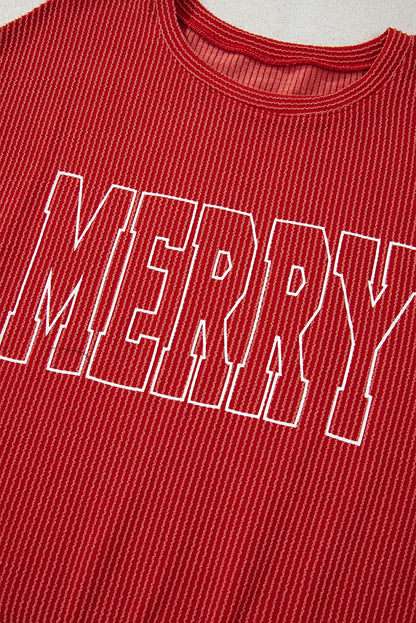 Fiery Red Twist Ribbed MERRY Letter Graphic Plus Size Pullover