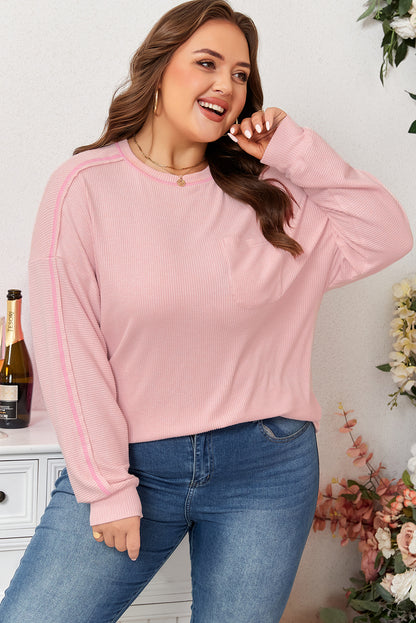 Bonbon Ribbed Exposed Seam Round Neck Chest Pocket Plus Knit Top
