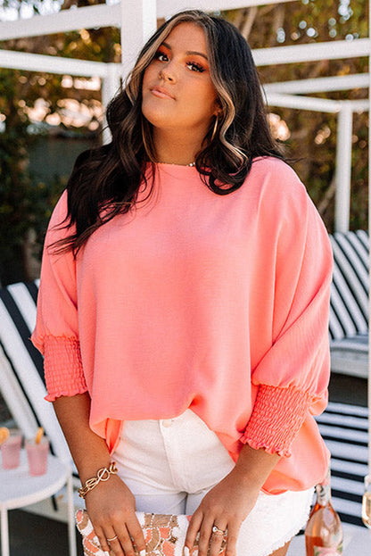 Blossom Shirred Cuffs Half Sleeve Plus Size Textured Blouse